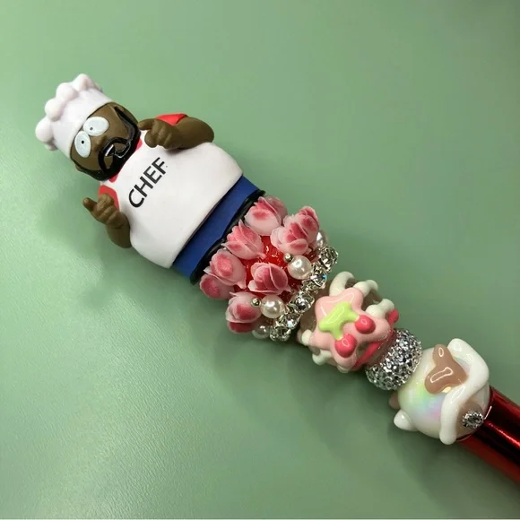 Chef Repurposed South Park Figure Beaded Pen with Red Accents Flowers Cherries - Picture 2 of 5